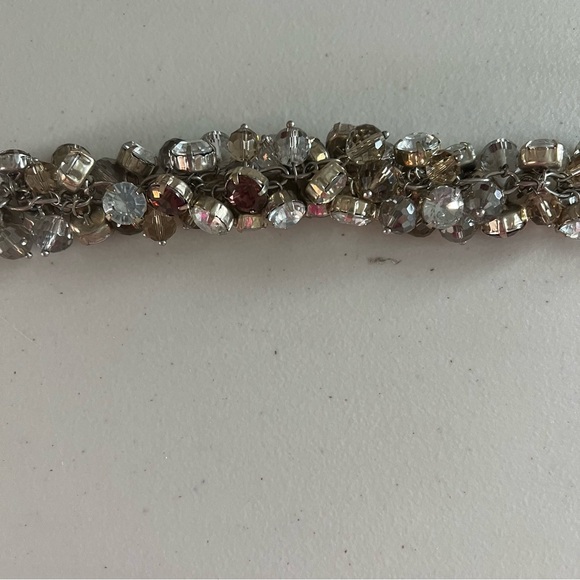 Multiple crystal layered necklace w/ gold, gray & clear stones. Silver chain 18” - Picture 3 of 4